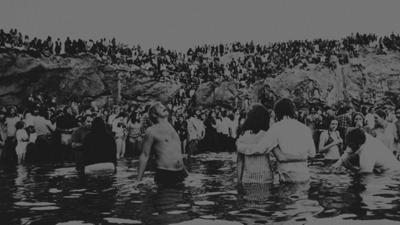 People gathering at Pirate's cove to be baptized during the 1970s Jesus Movement